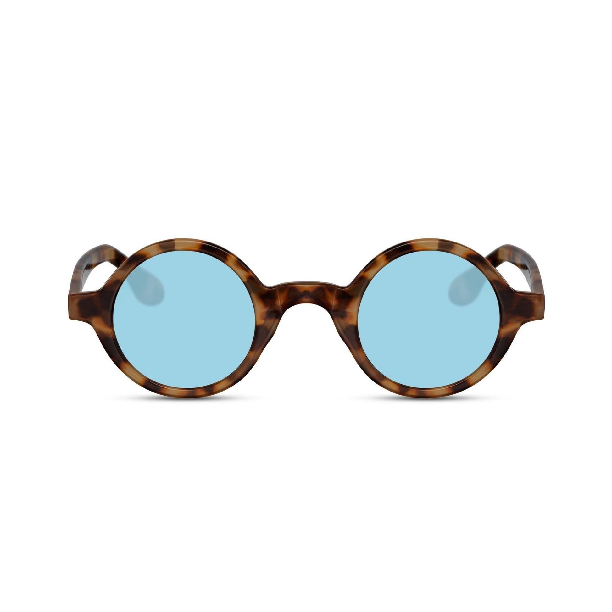 Στρογγυλά Γυαλιά Ηλίου Aurora της Exposure Sunglasses με προστασία UV400 σε καφέ χρώμα σκελετού και μπλε φακό.