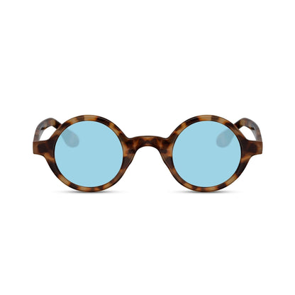 Στρογγυλά Γυαλιά Ηλίου Aurora της Exposure Sunglasses με προστασία UV400 σε καφέ χρώμα σκελετού και μπλε φακό.