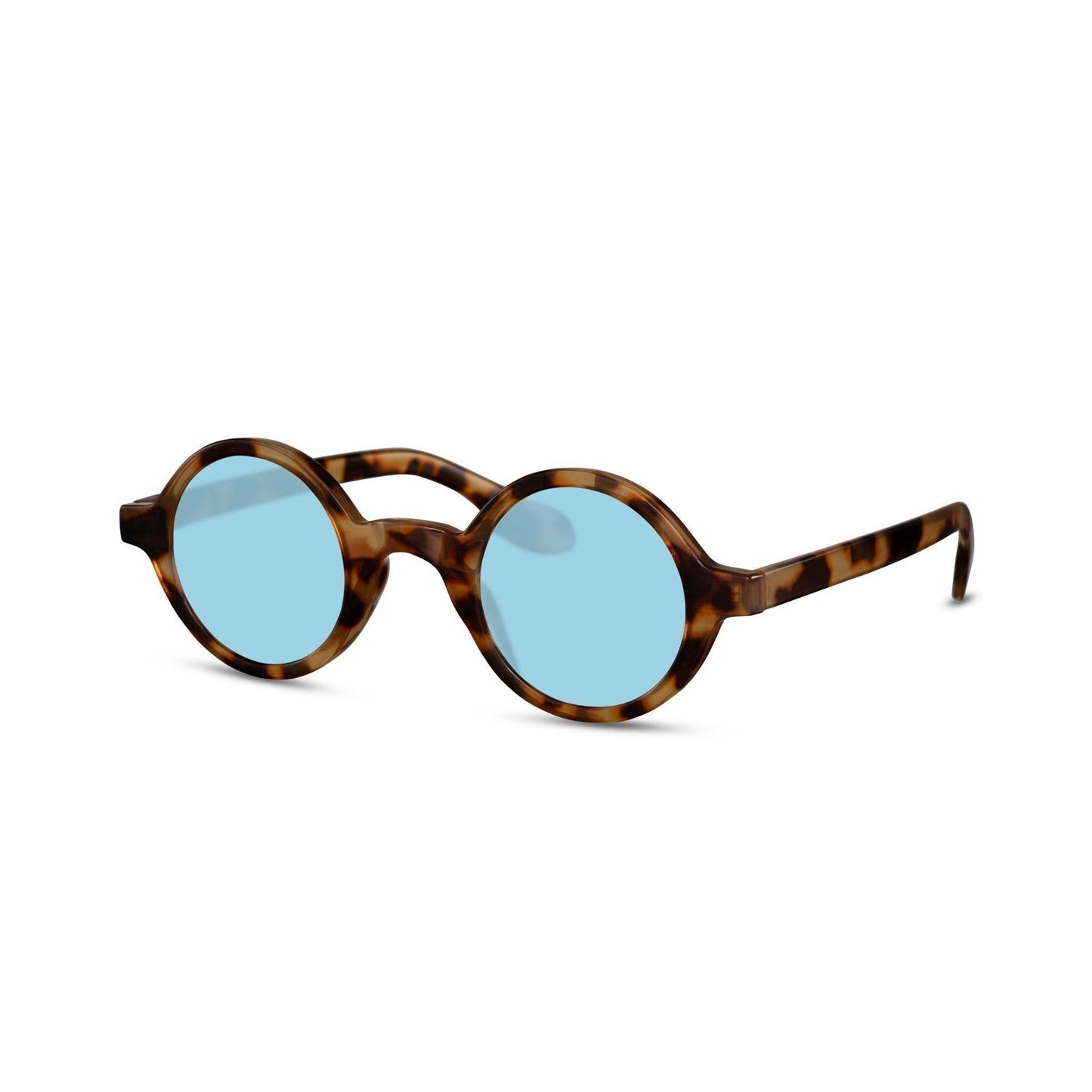Στρογγυλά Γυαλιά Ηλίου Aurora της Exposure Sunglasses με προστασία UV400 σε καφέ χρώμα σκελετού και μπλε φακό. Πλάγια προβολή