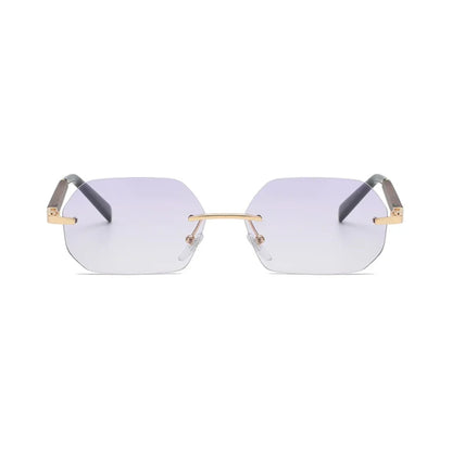 Rimless Γυαλιά ηλίου Lyss της Exposure Sunglasses με προστασία UV400 σε χρυσό χρώμα σκελετού και μωβ φακό.