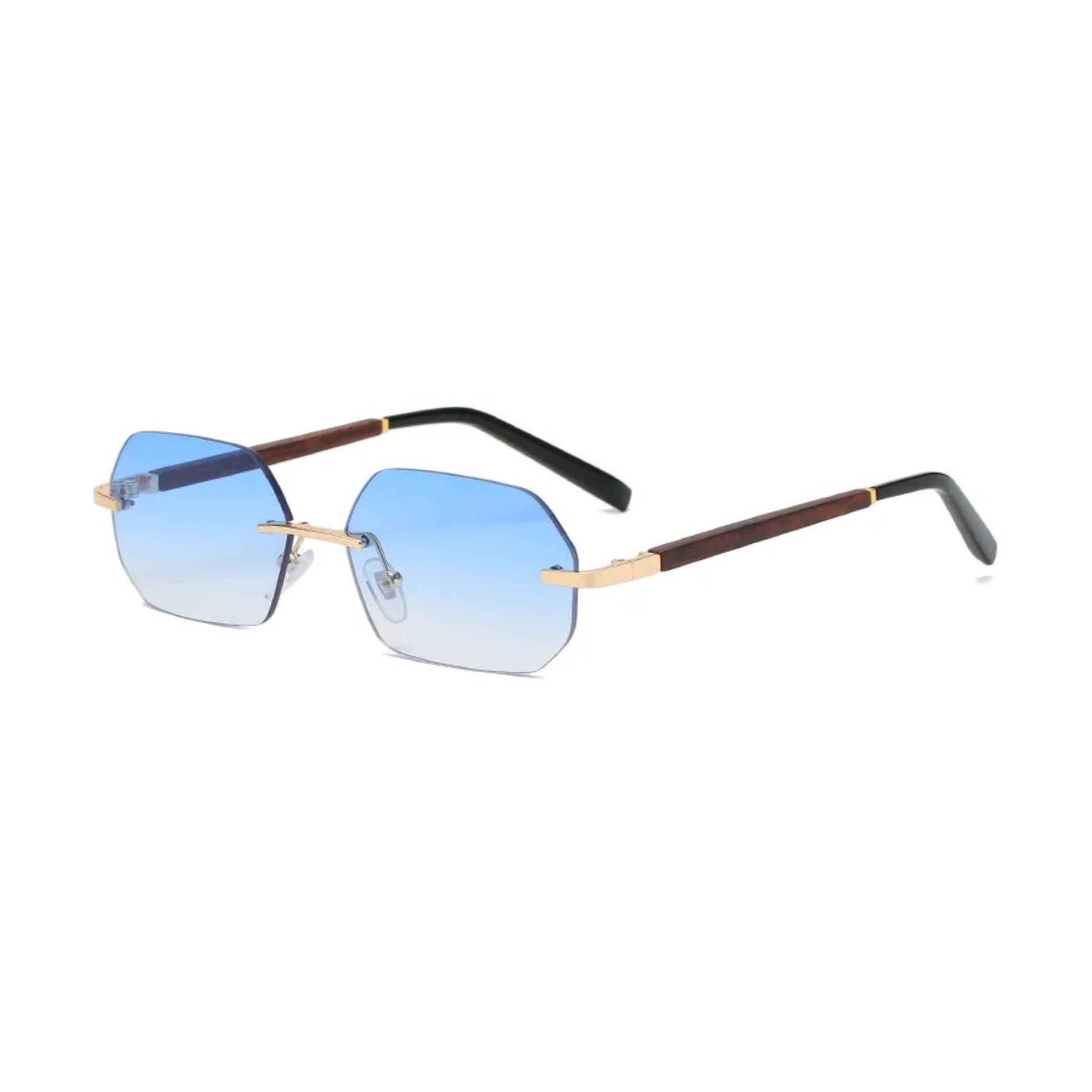 Rimless Γυαλιά ηλίου Lyss της Exposure Sunglasses με προστασία UV400 σε χρυσό χρώμα σκελετού και μπλε φακό. Πλάγια προβολή