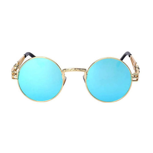 Στρογγυλά Γυαλιά ηλίου Mei της Exposure Sunglasses με προστασία UV400 σε χρυσό χρώμα σκελετού και μπλε φακό.
