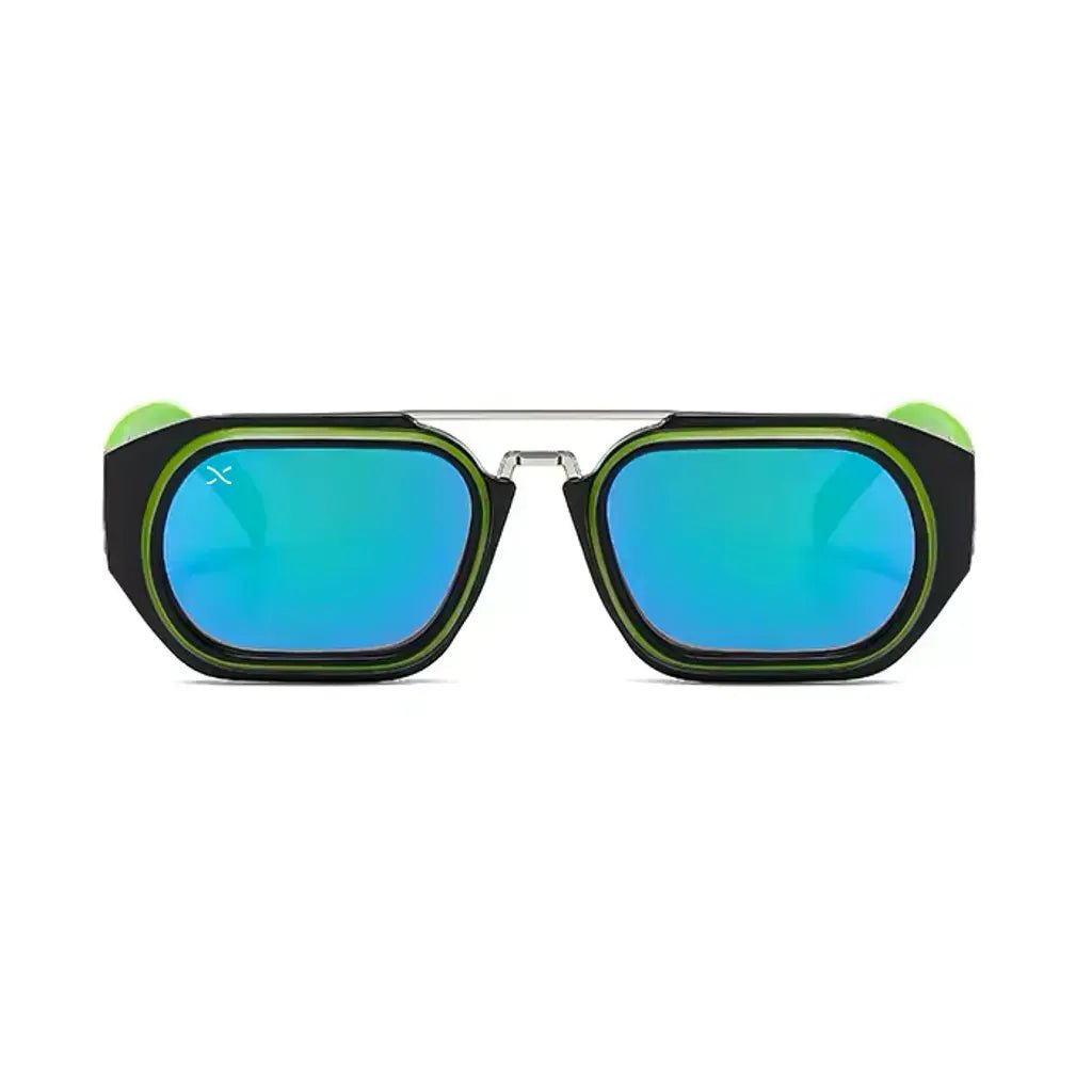 Γυαλιά Ηλίου Raptor της Exposure Sunglasses με προστασία UV400 σε μαύρο με πράσινο χρώμα σκελετού και μπλε φακό.