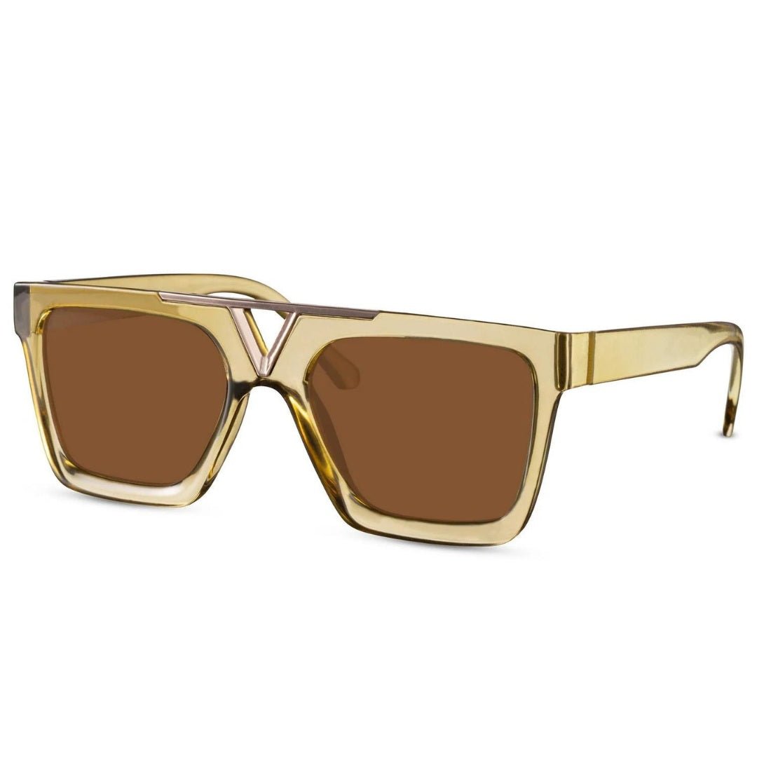Τετράγωνα Γυαλιά ηλίου Vigo από την Exposure Sunglasses με προστασία UV400 με μπεζ σκελετό και καφέ φακό.Πλαινή όψη.